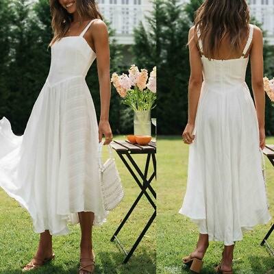 #ad Lady Elegant White Beach Dress Spaghetti Straps Bohemian Long Swing Dress $31.99