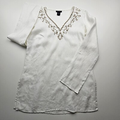 #ad Limited Women Shirt Small White Basic 100% Linen Embroidery Edging V Neck Top S $13.99