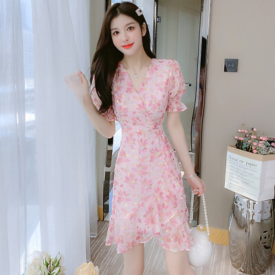 #ad Women Sweet Evening Princess Party girl Slim fit Floral Short Sleeve Long Dress $36.18