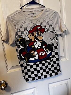 #ad Kids Mario Kart Boys Shirt White Checkered Mario Graphic Short Sleeve Size L $9.79