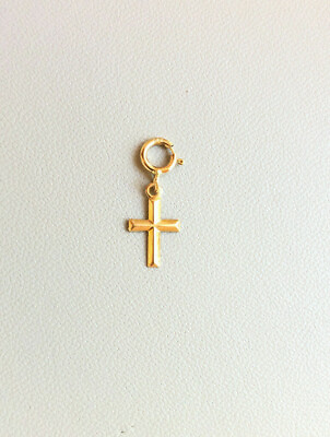 #ad Tiny 7 x 9.5 mm 14K Gold Cross Charm Convex pendant with spring clasp lock. $65.12
