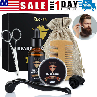 #ad 8Pcs set Beard Growth Kit Men Comb Barber Grooming Style Growth Oil Facial Care $16.18