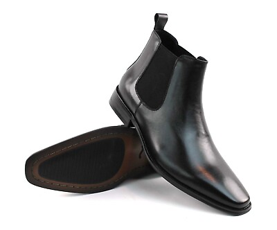 #ad Genuine Leather Black Mens Dress Chelsea Boots Almond Toe Leather Lining AZAR $69.00