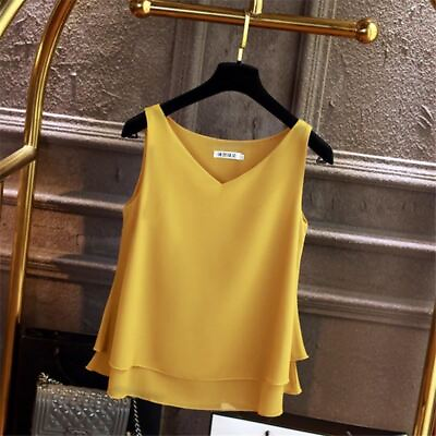 #ad Women Summer sleeveless Chiffon shirt Solid V neck Casual blouse Loose Top $28.64