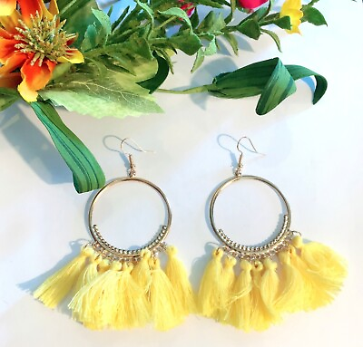 #ad Women#x27;s Bohemian Long Tassel Fringe Earrings Yellow Dangle Drop Boho Ethnic NEW $7.40