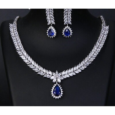 #ad SAPPHIRE BLUE RHINESTONE Cz Diamond Bridal Necklace Set Earrings 2 pc $69.99