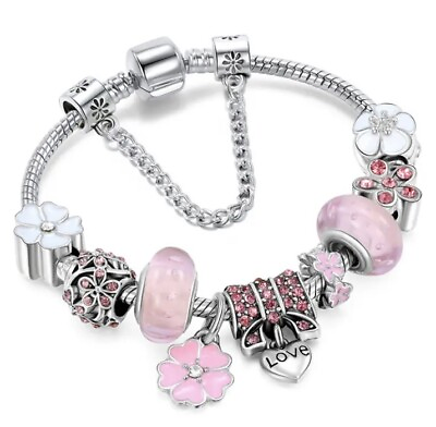 #ad Silver Plated Pink Love CZ Charm Bracelet💕 Great Gift Idea🎁 $19.99