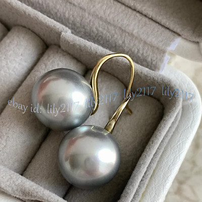 #ad Perfect Round AAA Silver Gray Akoya Real Natural Pearl Dangle Gold Hook Earrings $17.99