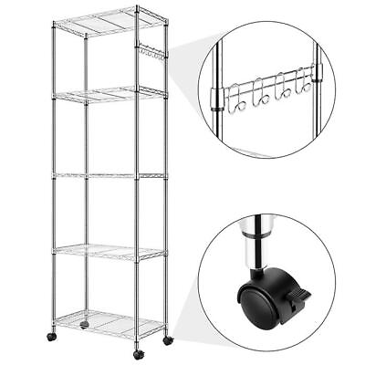 #ad 5 Tier Shelf Wire Shelving Racks with Casters Hooks Kitchen Steel Storage Shelf $65.99