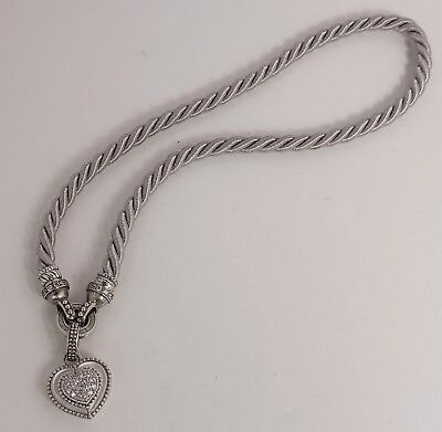 #ad Judith Ripka MOP CZ Sterling Heart Enhancer Pendant Gray Silk Cord Necklace $75.00