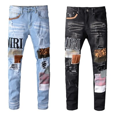 #ad #ad Men#x27;s Ripped Embroidery Patchwork Stretch Ripped Leopard Skinny Fit Denim Jeans $58.48