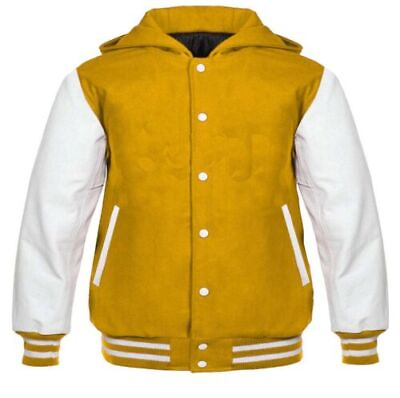 #ad Varsity Letterman Baseball Bomber Yellow Wool amp; Genuine Leather sleeves Hoodie $108.99