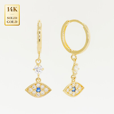#ad 14K Real Solid Gold Cubic Zirconia Evil Eye Dangle Hoop Huggie Drop Earrings $163.95