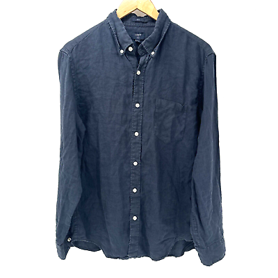 #ad J Crew Linen Shirt Mens Large Button Down Navy Blue Slim Fit Long Sleeve Coastal $24.99