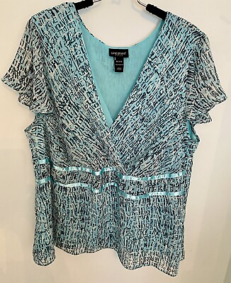 #ad NWOT Lane Bryant Turquoise Print Sheer Lined Surplice Flutter Sleeve Top 22 24 $21.99