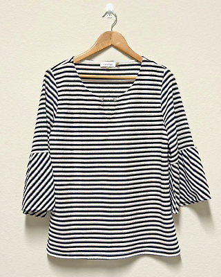 #ad Calvin Klein Womens Shirt Black White Stripe Top 3 4 Bell Sleeve Large $3.00