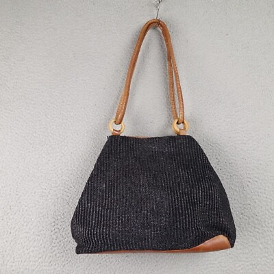 #ad Vintage Black Shoulder Bag Handbag Double Leather Handles Wood Rings Italy Made $22.88