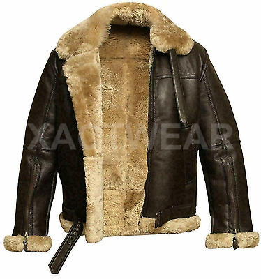 #ad Men RAF B3 Aviator Pilot Bomber Fur Shearling Sheepskin Leather Brown Jacket $249.99