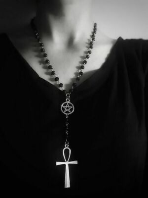 #ad 2023 Ankh and Pentagram Necklace Rosary Black Beads Charm Jewelry Pendant Gift $10.99