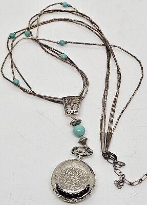 #ad Vintage Sterling Silver amp; Turquoise Necklace w Full Hunter Pendant Pocket Watch $74.99