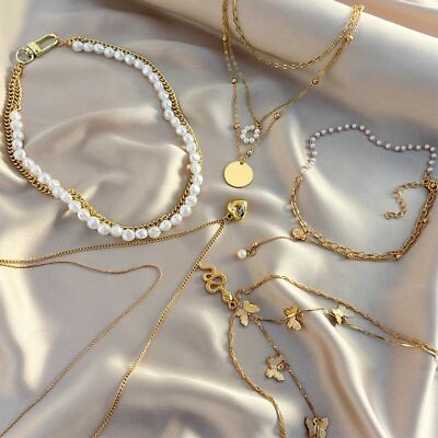 1pc Multilayer Heart Snake Pendant Gold Butterfly Chain Necklaces Pearl Choker G $7.45