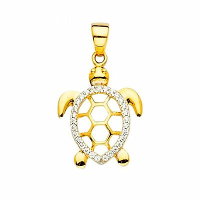 #ad Real 14KT White Or Yellow Gold CZ Unisex Turtle Animal Charm Pendant Small $102.00