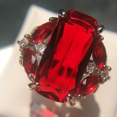 #ad 16.CT Big Red Square Cut Shining Gemstone 925 Silver With Large CZ Stones Ring $210.00
