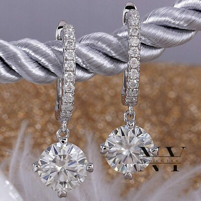 #ad Solid 14k White Gold Moissanite Drop Dangle Earrings 3 Carat Round Cut For Women $232.29