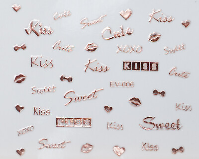 #ad Rose Gold Metallic Kiss Sweet Cute Bows Hearts Writing Nail Art Stickers Decals GBP 2.24