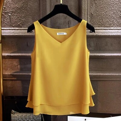 #ad Women#x27;s Blouse Tops Summer Sleeveless Chiffon Shirt Solid V neck Casual Blouse $15.87