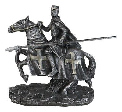 #ad Suit of Armor Crusader Knight With Long Spear Riding On Cavalry Horse Figurine $20.99