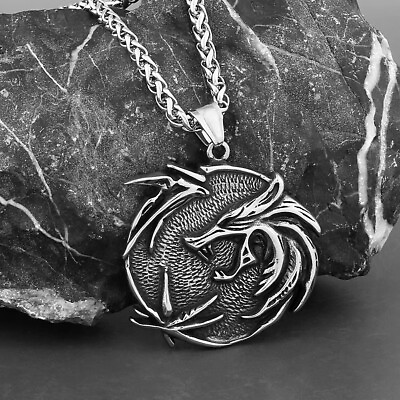 Mens Silver Witcher Wolf Pendant Necklace Punk Biker Jewelry Stainless Steel 24quot; $10.99