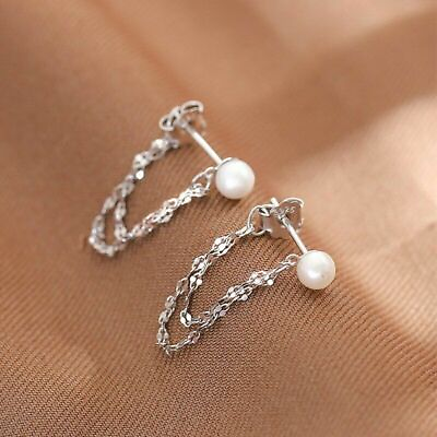 #ad Silver Plated Round Pearl Tassel Earrings Drop Dangle Women Jewelry Lab Created $3.49