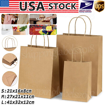 100PCS Kraft Flat Paper Bags Brown with handles Gift Retail Merchandise Shopping $23.18