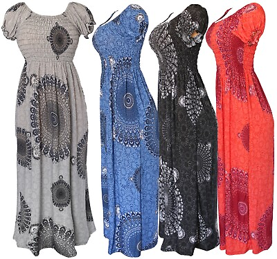 #ad Women#x27;s Aztec Circles Bohemian Smocked Summer Sundress Long Dress $17.95