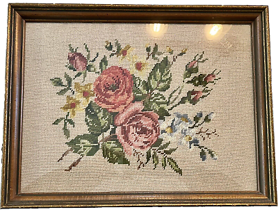 #ad Vintage Floral Needlepoint Custom Framed Roses Lillies Handmade 17quot; x 13quot; $42.00