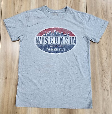 #ad Wisconsin Printed Mens Sz Small T Shirt Short Sleeve Gray $6.95