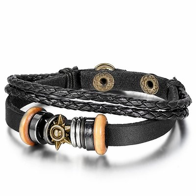 #ad Cool Metal Tribal Sun Surfer Leather Cord Braided Bracelet Wristband Men#x27;s Black $9.99