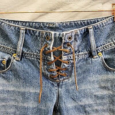 #ad Silver Womens Capri Jeans Size 31 Blue Denim Leather Lace Up Drawstring Boho $29.99