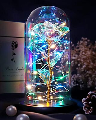 Rainbow Forever Galaxy Rose Flower Unique Gift for Valentine Glass Dome with Led $31.63