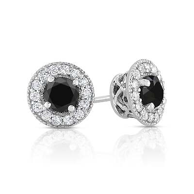 #ad 1.50 2 Cttw Black Diamond Halo Stud Earrings in Rhodium Plated Sterling Silver $207.99