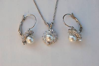 #ad New silver plated Cubic Zirconia Pearl Pendant Earring Necklace Set Chain 18quot; CZ $5.00
