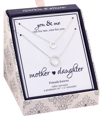 #ad Mother amp; Daughter 2 pc Necklace Set 16 White CZ Pure Silver Over Brass Gift Box $39.99