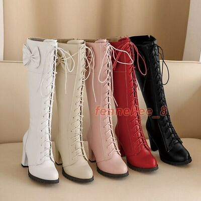 #ad Womens Bowknot Knee High High Heels Lace Up Boots Round Toe Long Boot Zip Shoes $49.99