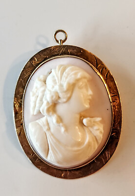 #ad Antique Victorian Carved Shell Cameo Brooch Pendant Bezel Set 10K Yellow Gold $345.00