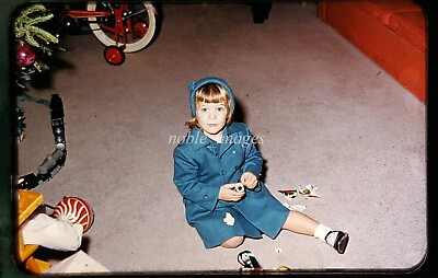 #ad 1950s Cute Blond Girl Unwrapping Small Christmas Gift Color Slide $3.50