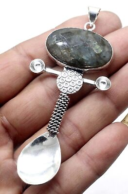 #ad 925 Sterling Silver Fire Labradorite Gemstone Jewelry Spoon Pendant Size 2.20quot; $16.99