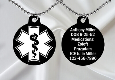 #ad Medical Alert Id Necklace Free Personalization Custom Engraving Black Round $9.95