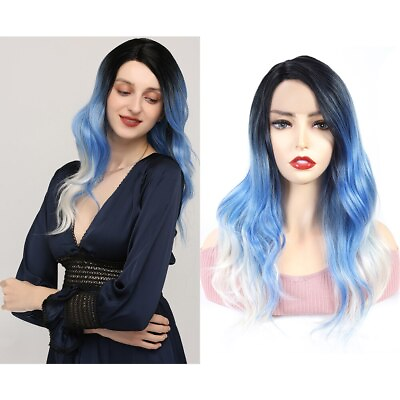 #ad Ombre Blue White Synthetic Lace Front Wigs Long Natural Wavy Wig Heat Resistant $30.27