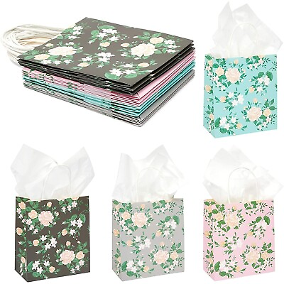 #ad Small Floral Kraft Gift Bags with Handles in 4 Colors 8 x 9 x 4 in 12 Pack $19.89